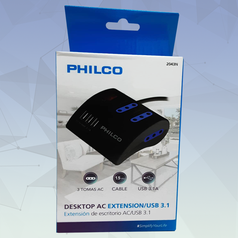 Extensión de escritorio Philco AC/USB 3.1 2043N