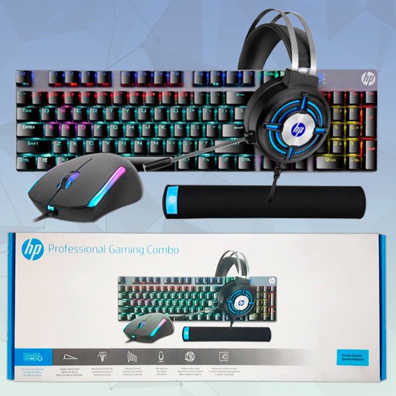 COMBO HP GM3000 PROFESIONAL 4 EN 1. TECLADO, MOUSE, AUDIFONO Y PAD MOUSE